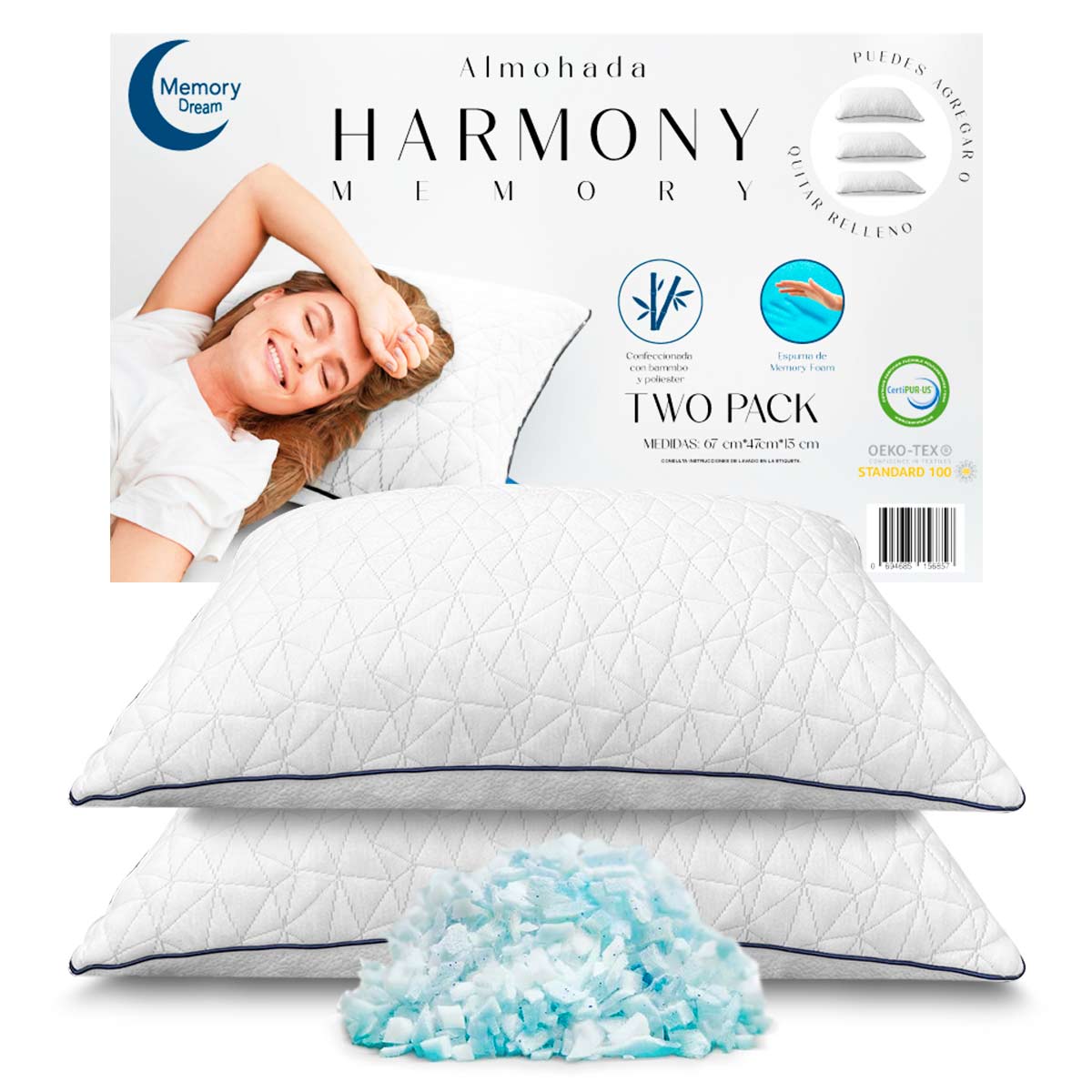 2 Pack Almohadas Ajustables Memory Foam Estándar Tela Bamboo