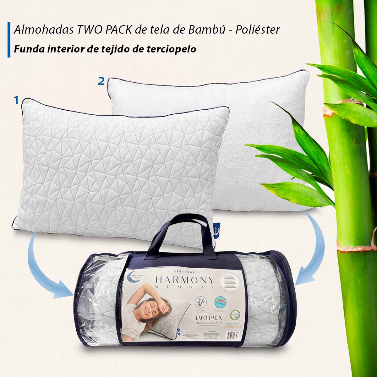 2 Pack Almohadas Ajustables Memory Foam Estándar Tela Bamboo
