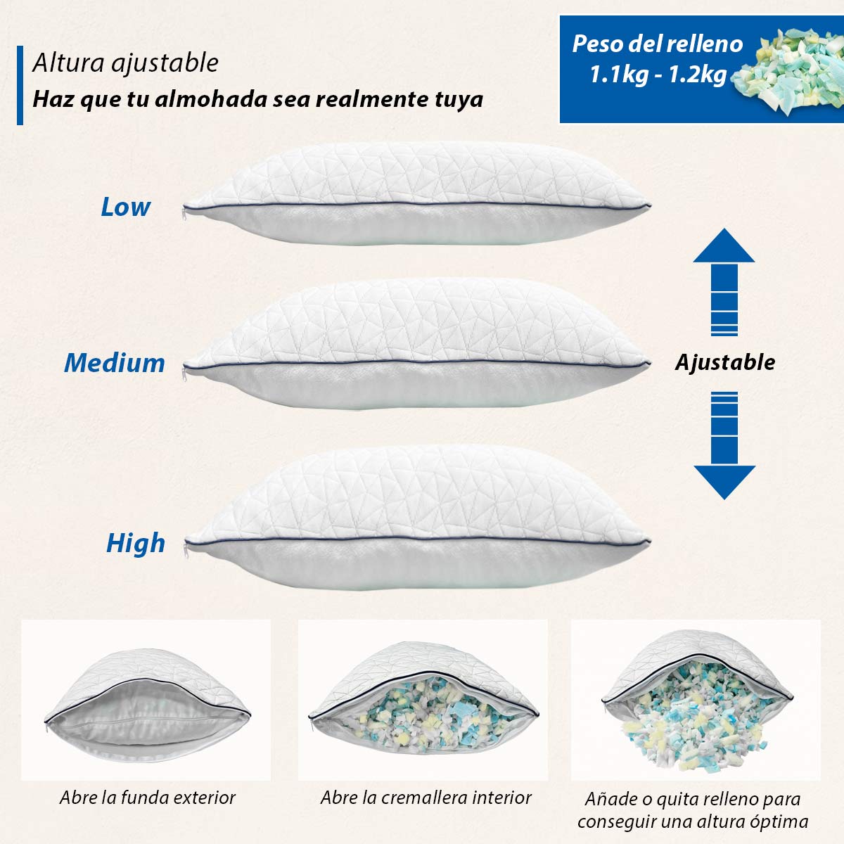 2 Pack Almohadas Ajustables Memory Foam Estándar Tela Bamboo